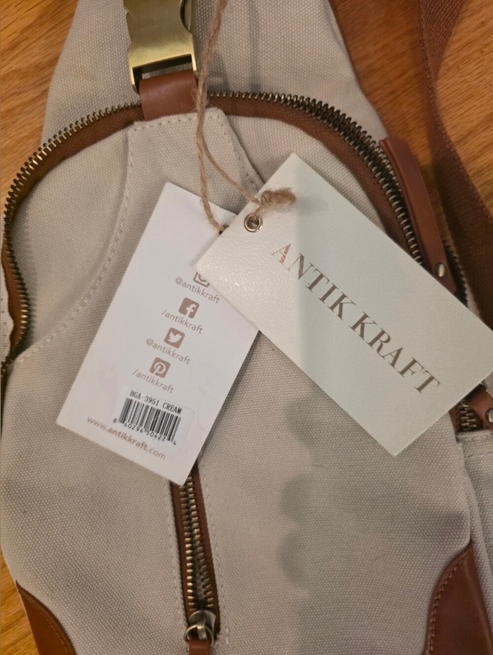 Antik Kraft Beige Cotton Canvas Brown Trim Sling Crossbody Backpack New